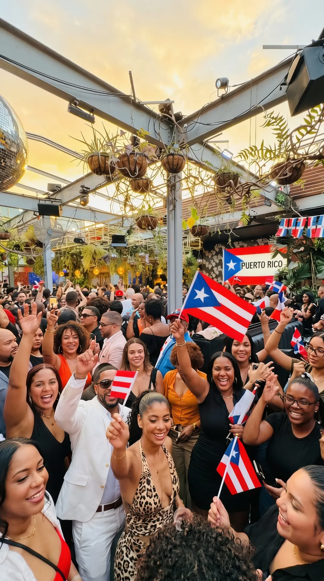 Guests celebrating with Puerto Rican flags at the Boricua rooftop party at golden hour
