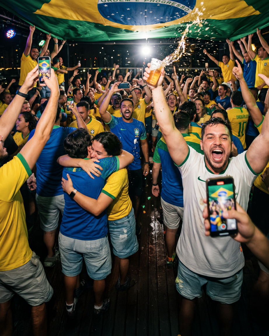Baile de Favela crowd celebrating with a Brazilian flag