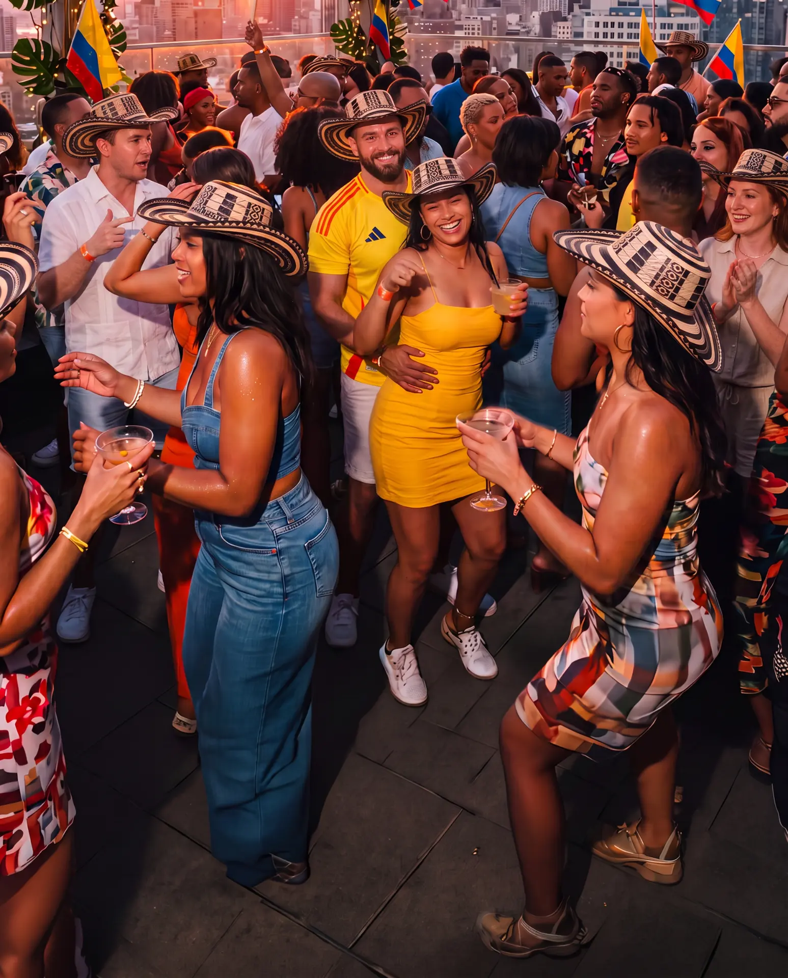 Guests in sombreros vueltiaos dancing at the Colombiana rooftop party