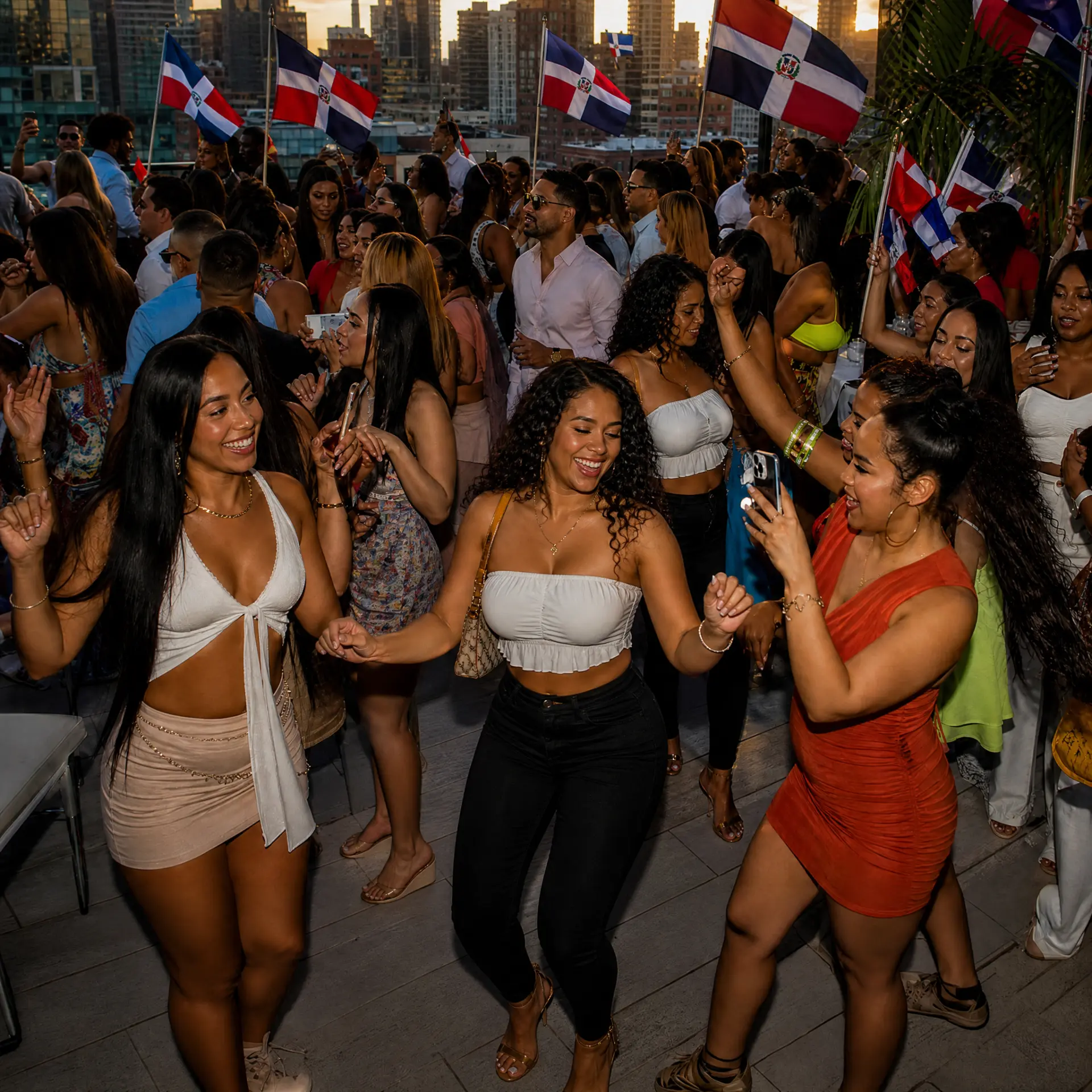 Friends dancing together at the Dominicana rooftop day party with Dominican flags in the background