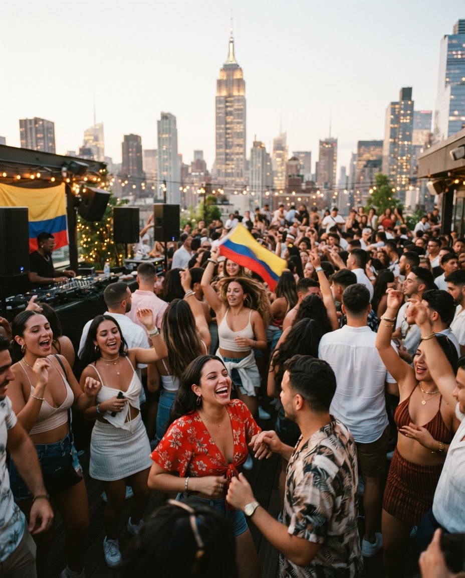 Colombiana day party crowd dancing at sunset with a Colombian flag over the NYC skyline