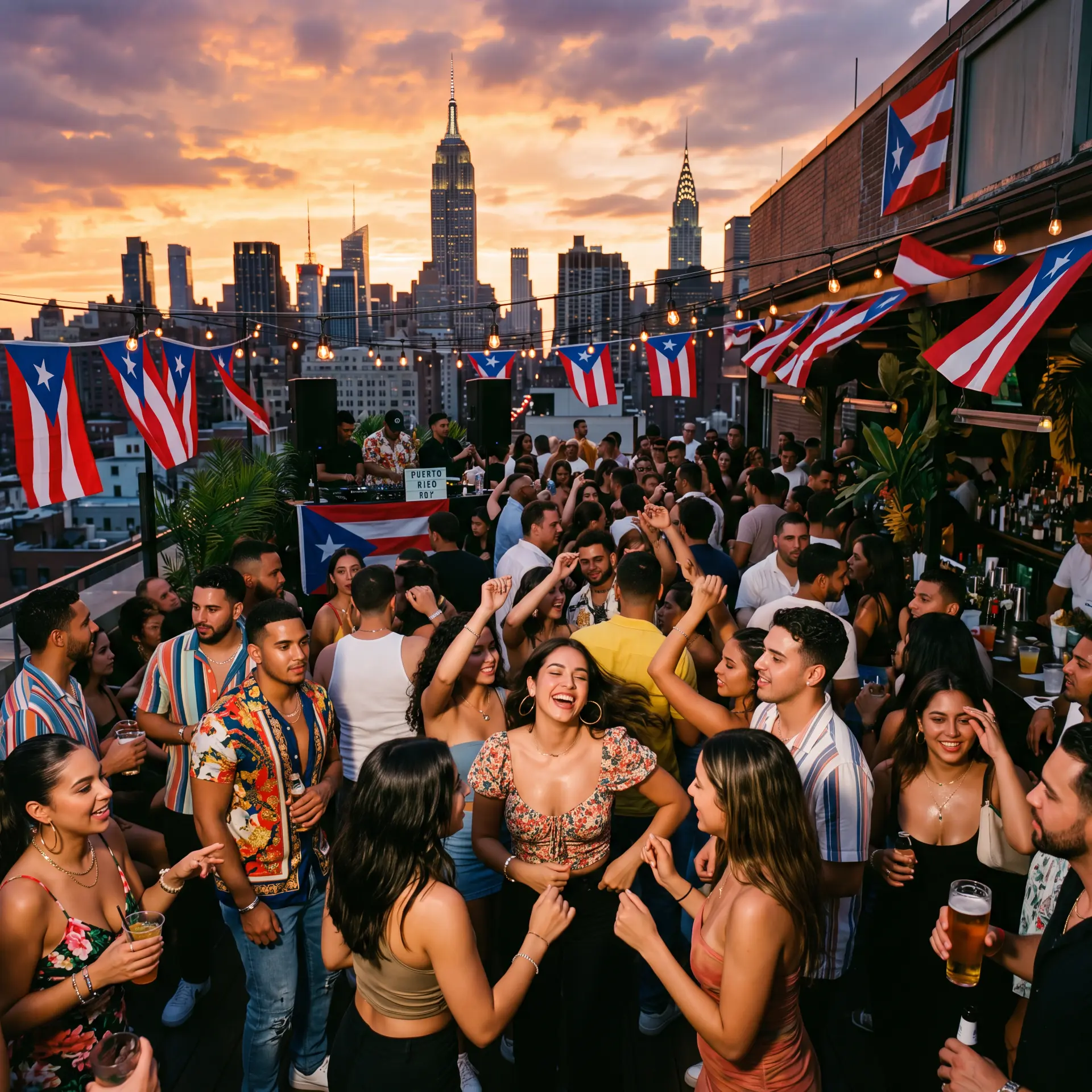 Boricua party crowd dancing under string lights and Puerto Rican flags at sunset over Manhattan